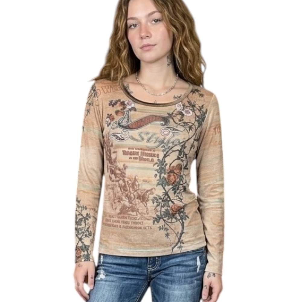 Vanilla Sugar Graphic Top Brown Floral Western Vintage Women Medium Long Sleeve